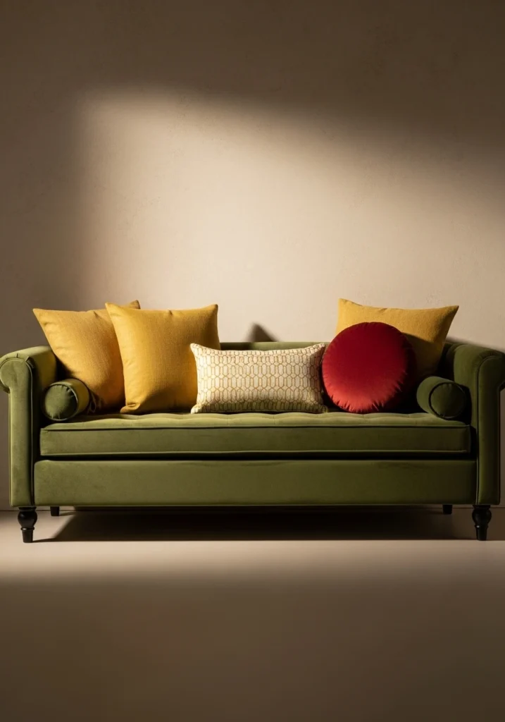 Upholstered tufted bench with pillows in entryway