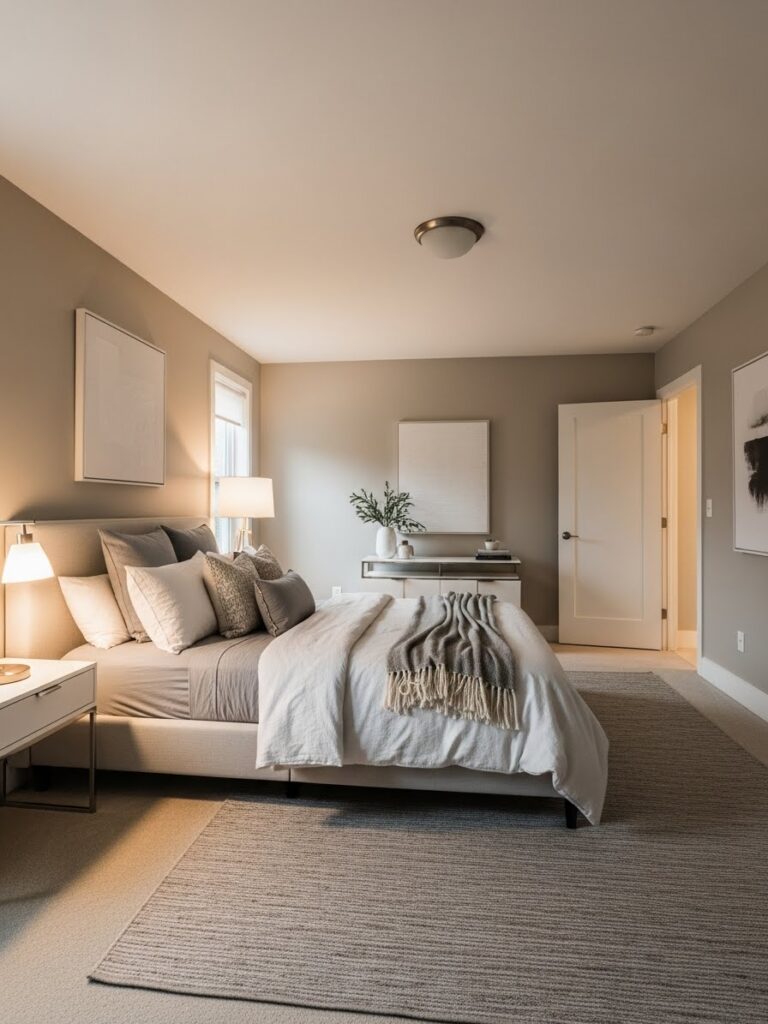 USA-inspired modern bedroom color palette with greige and warm neutral tones