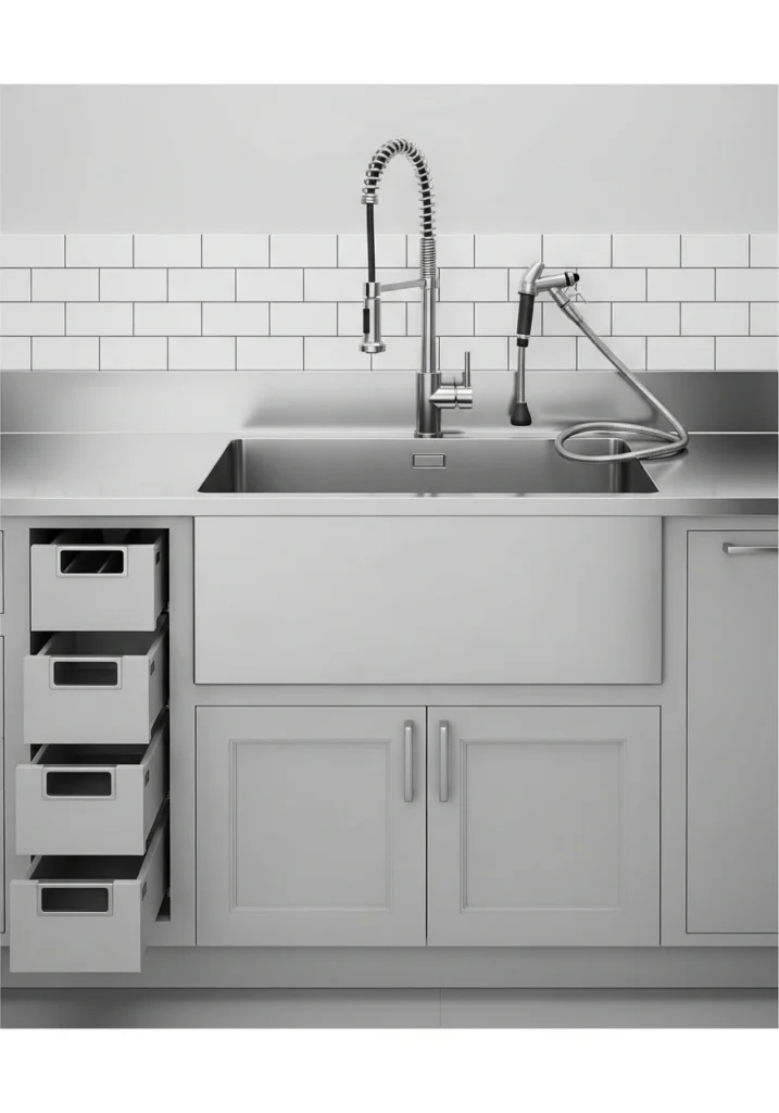 Utility sink with storage cabinet underneath in laundry room