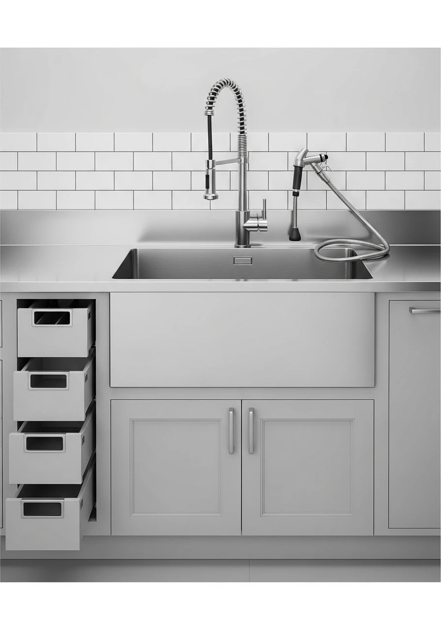 Utility sink with storage cabinet underneath in laundry room