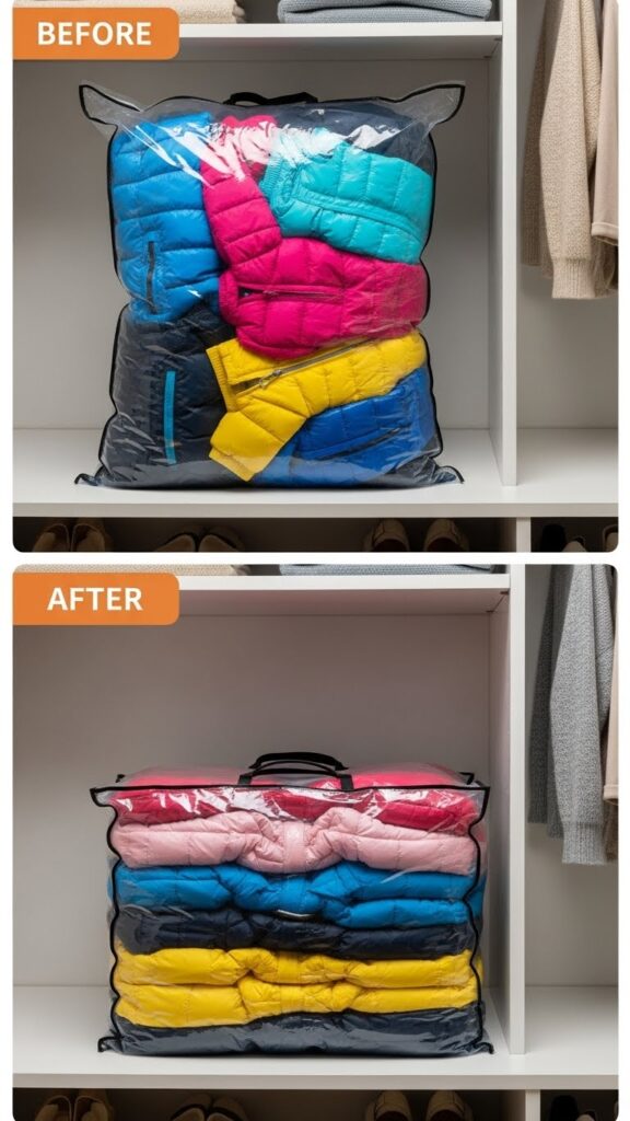 Vacuum storage bags compressing bulky kids winter clothes to save space in small apartment closet