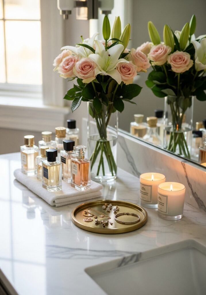 Beautifully styled vanity countertop with curated perfume bottles, flowers, and elegant decor