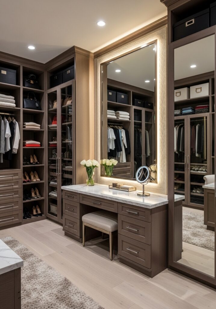  Built-in vanity integrated into walk-in closet with surrounding clothing storage