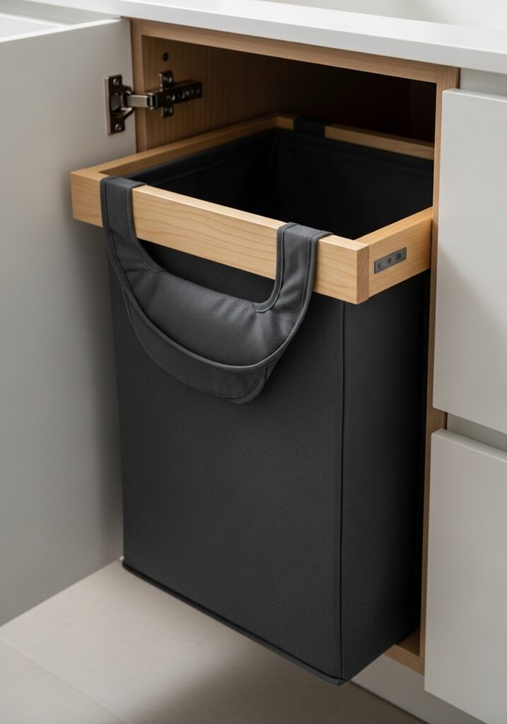 Open vanity cabinet showing built-in pull-out hamper with removable liner