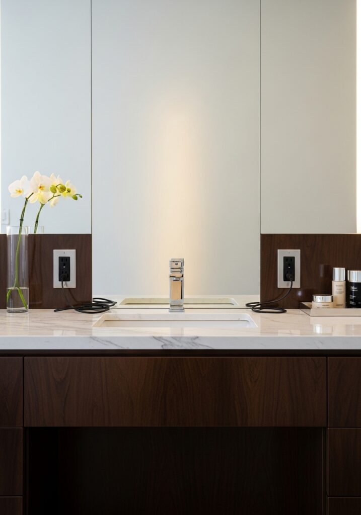 Complete vanity setup showing integrated electrical outlets and cord management