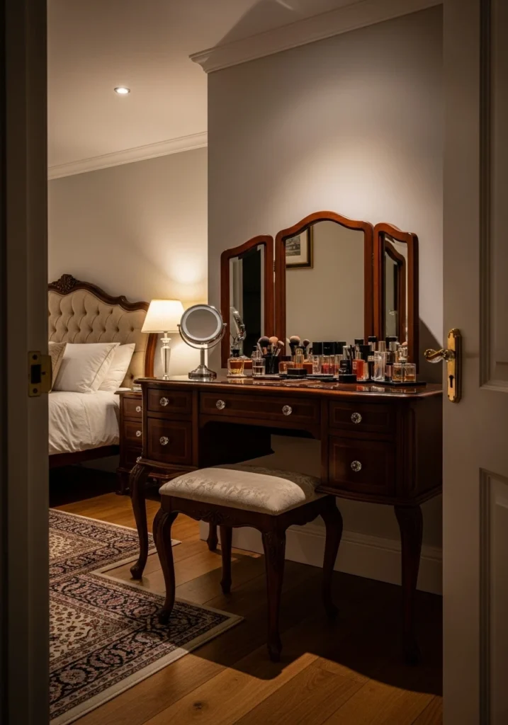 Traditional bedroom vanity table with tri-fold mirror and multiple drawers