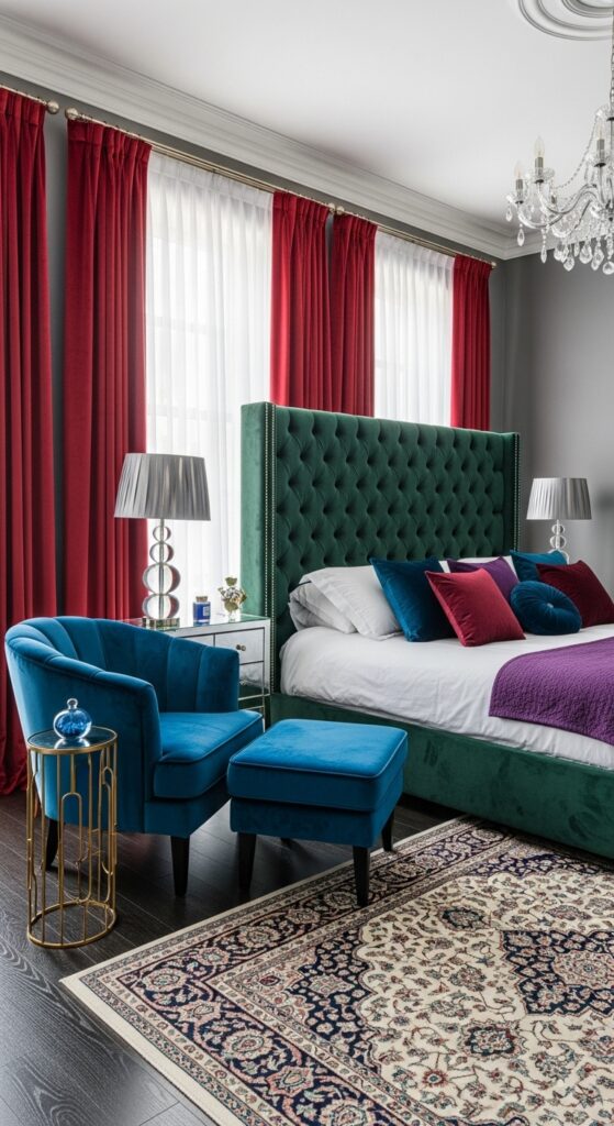 Luxury bedroom with velvet upholstered furniture in jewel tones creating rich texture