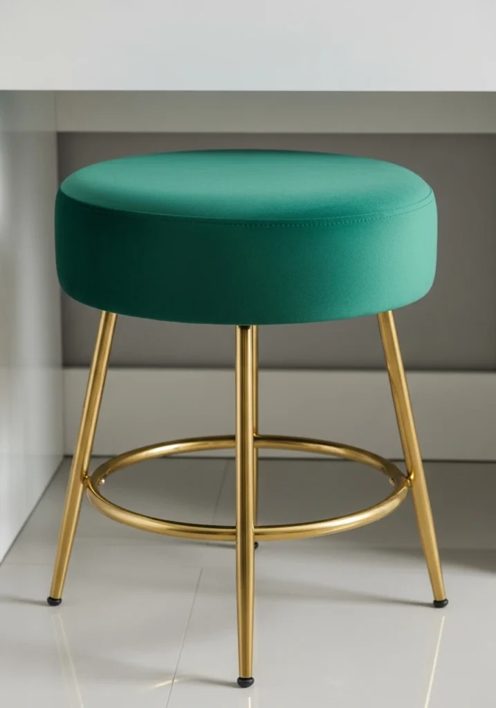 Emerald green velvet vanity stool with gold legs and footrest