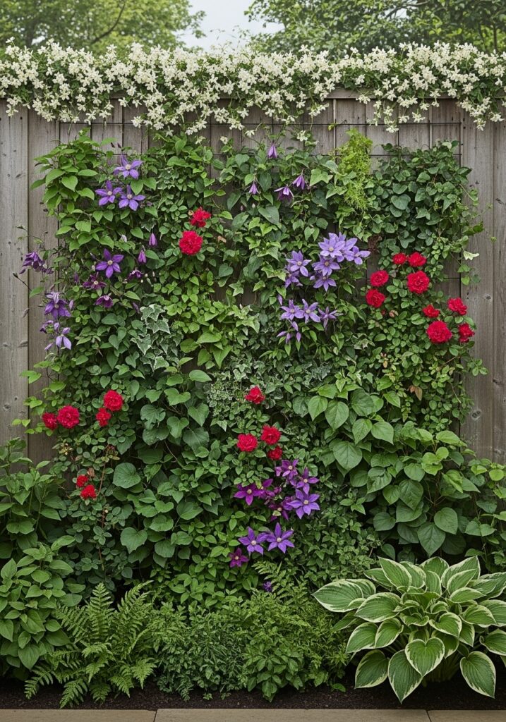 Vertical garden wall with climbing plants and trellis system on fence

