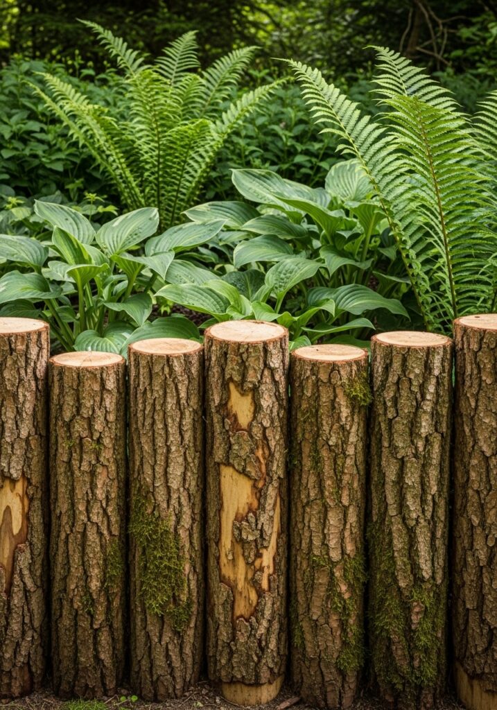 Vertical logs creating rustic palisade-style garden border with natural bark