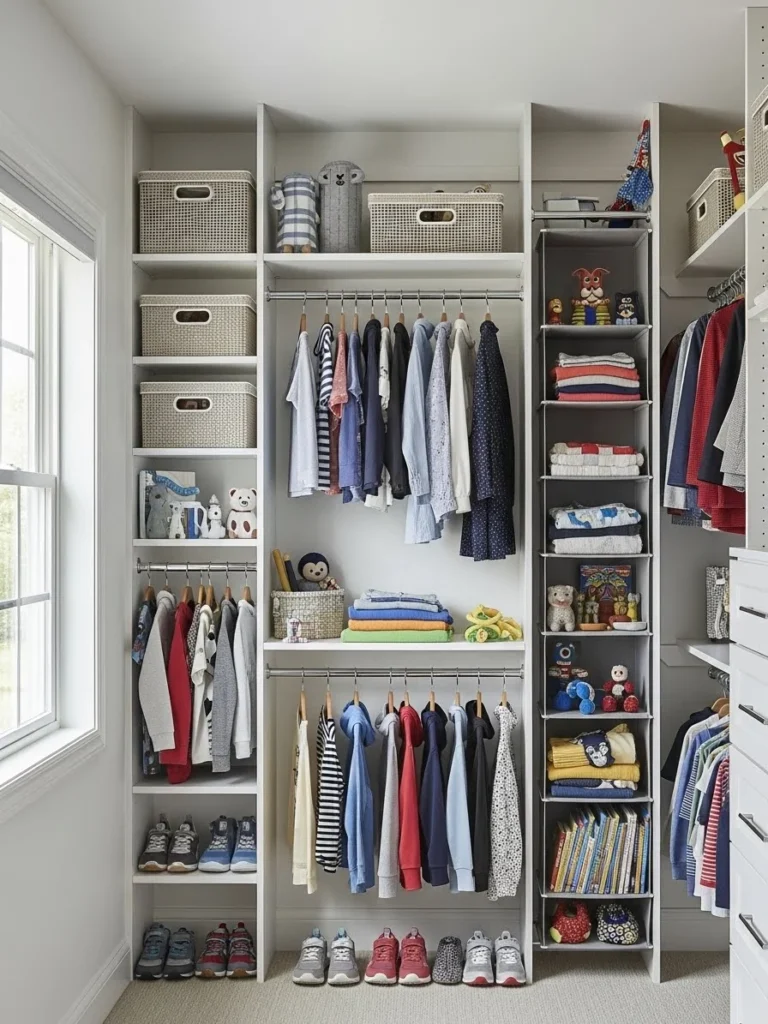 Vertical storage solutions in kids closet with floor-to-ceiling organization maximizing height with shelves, rods, and wall-mounted storage