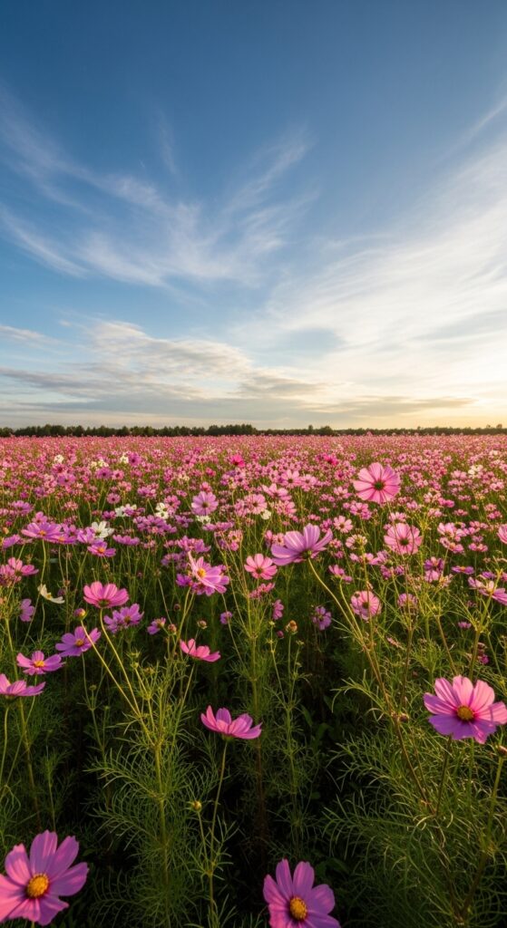 Pink and white cosmos flowers swaying in breeze across wildflower meadow