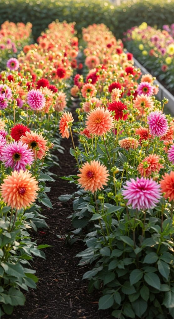 Dinner-plate sized dahlia blooms in pink, orange, red, and yellow creating vibrant cutting garden