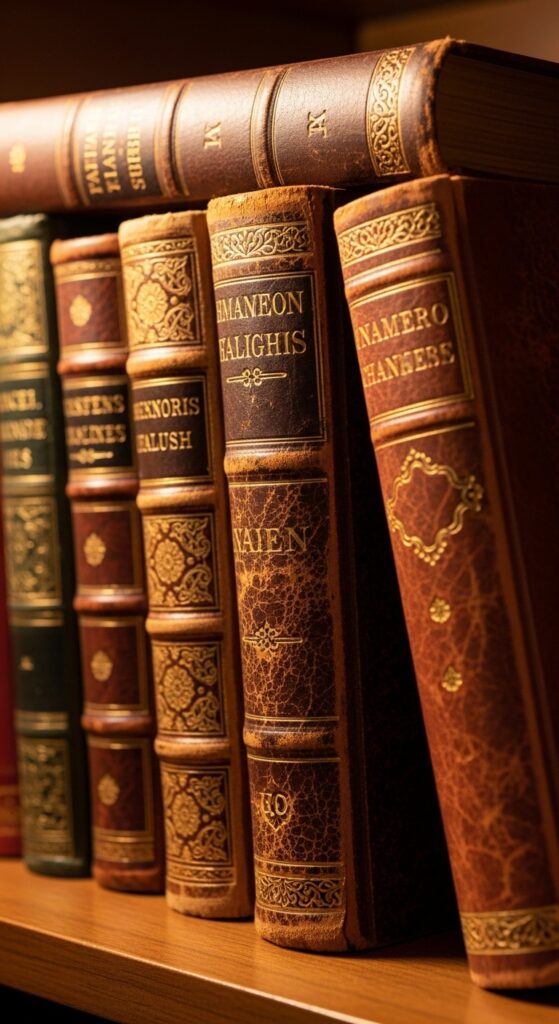 Vintage leather-bound books stacked on shelf adding antique charm

