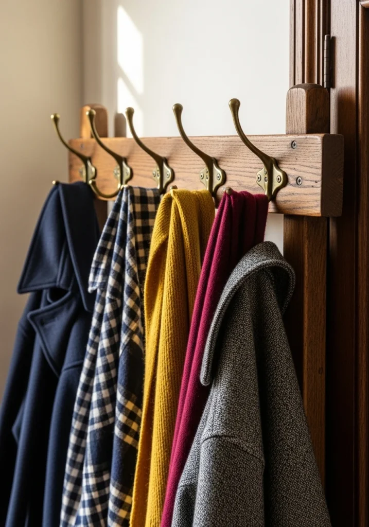 Vintage wooden coat rack with brass hooks in entryway