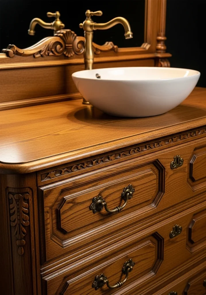 Close-up of antique dresser converted to bathroom vanity showing brass hardware details