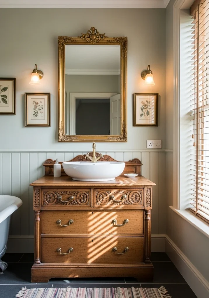 Complete vintage dresser vanity setup in bathroom with vessel sink and ornate mirror