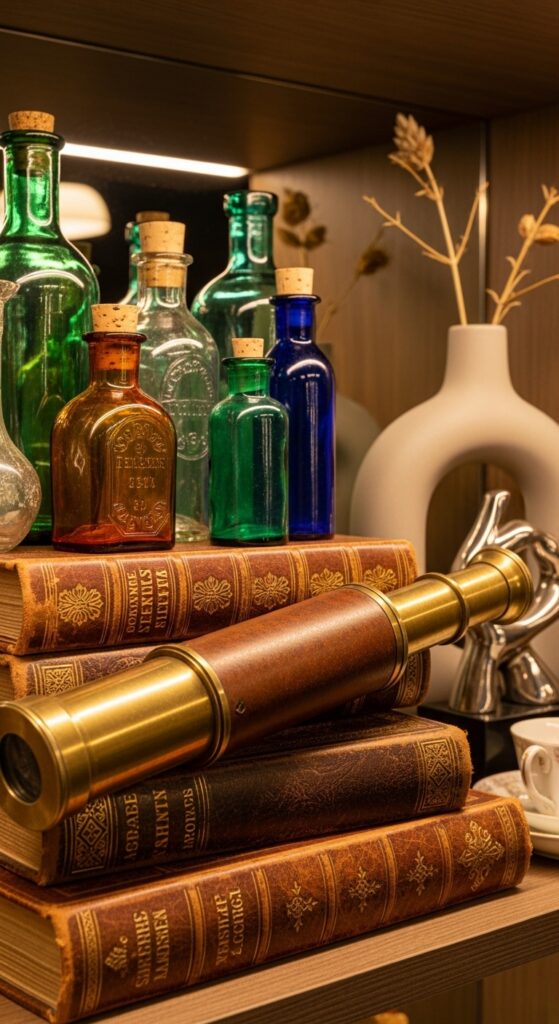 Vintage antique objects mixed with modern decor on shelf creating character