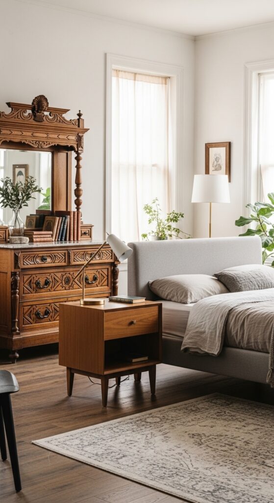 Bedroom mixing vintage wooden furniture pieces with modern bed creating eclectic style