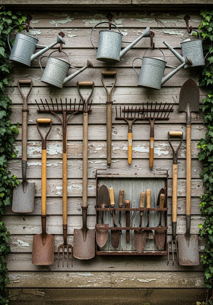 Vintage garden tools arranged decoratively on weathered wooden shed wall creating rustic display