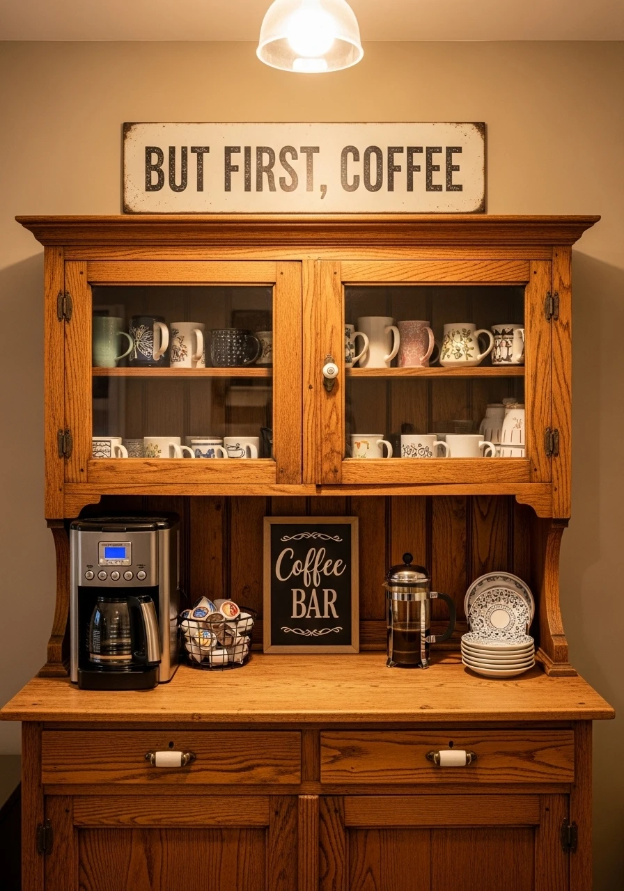 Antique wooden hutch repurposed as coffee bar with glass cabinet doors and vintage mugs