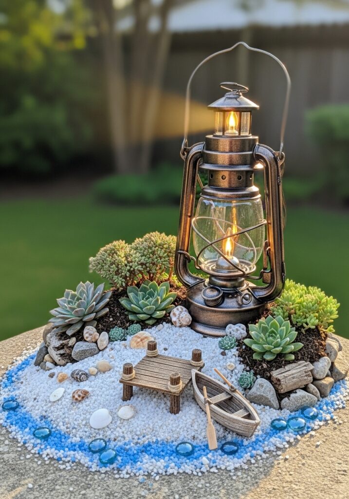 Vintage lantern converted to fairy lighthouse with coastal garden