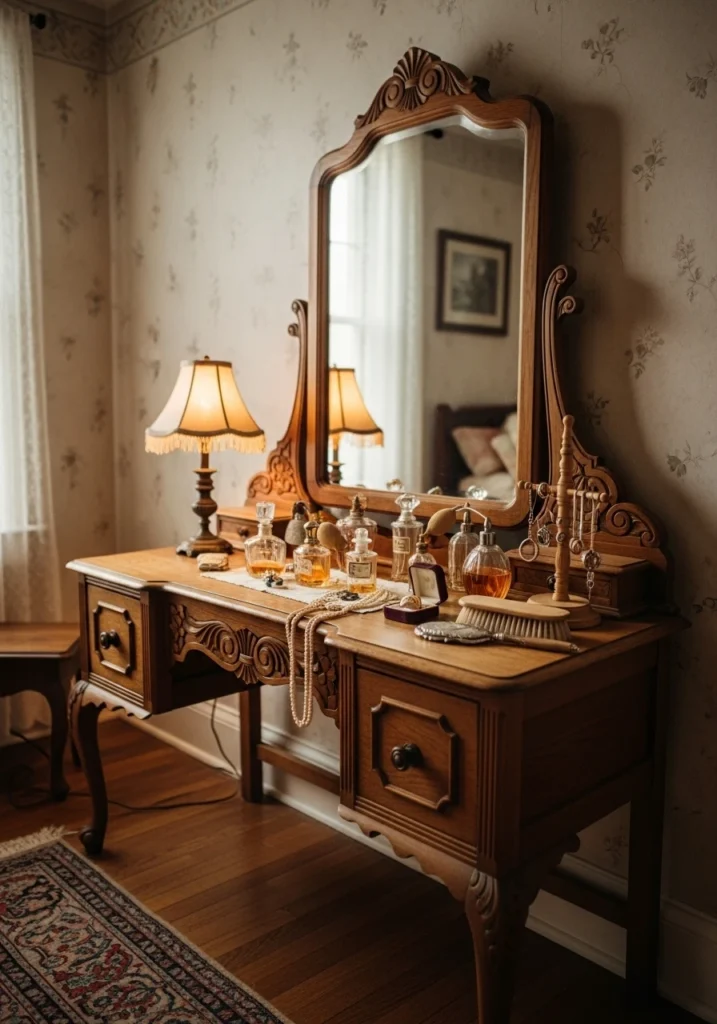 Antique carved wood bedroom vanity with original curved mirror and vintage decor
