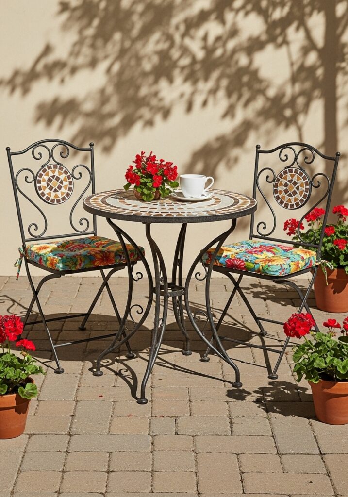 Vintage wrought iron bistro set with ornate details creating charming garden seating area
