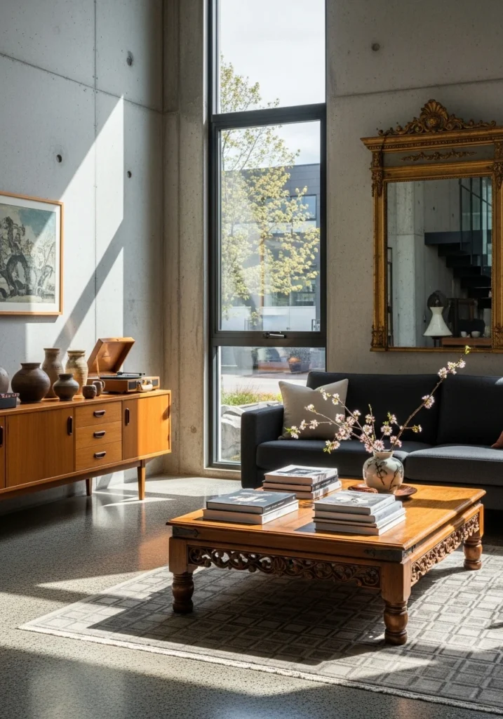 Living room mixing vintage furniture with modern design elements