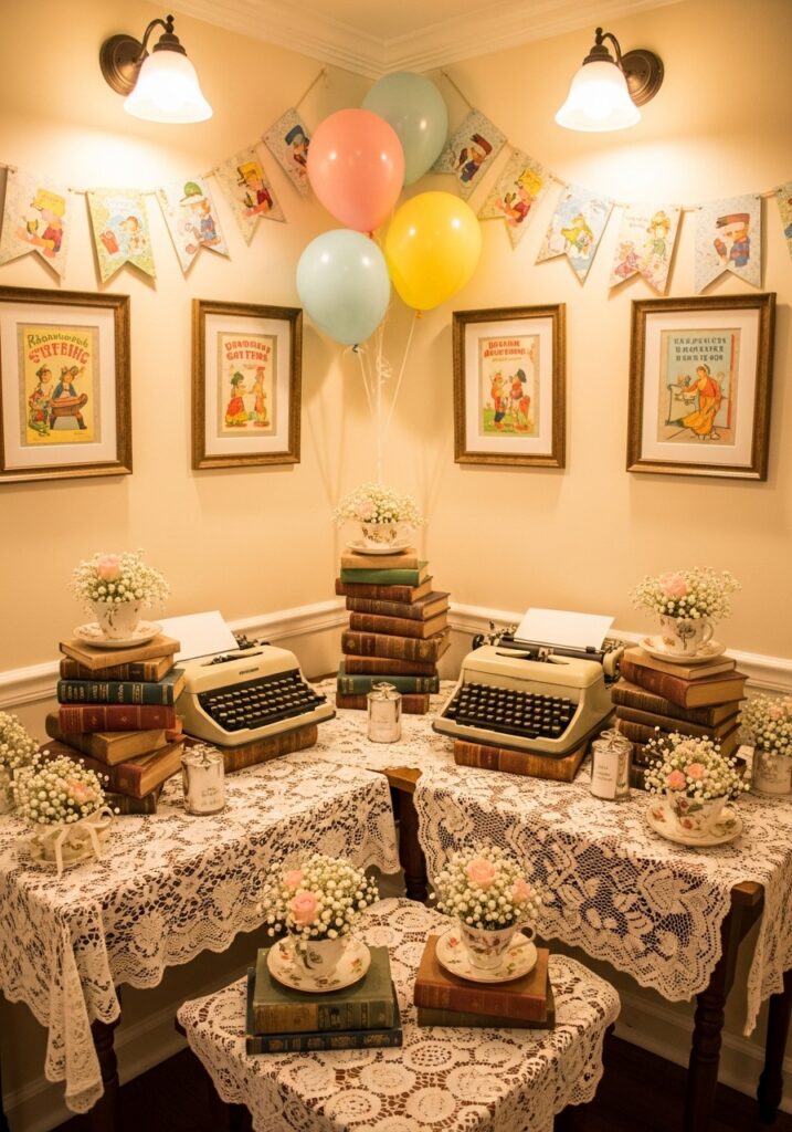  Vintage storybook baby shower with antique books and literary decorations