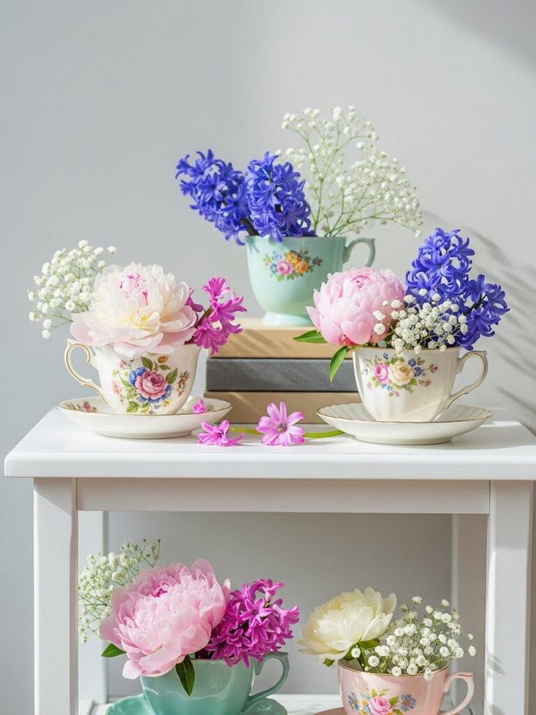 Vintage teacups filled with spring flowers used as charming indoor spring decor