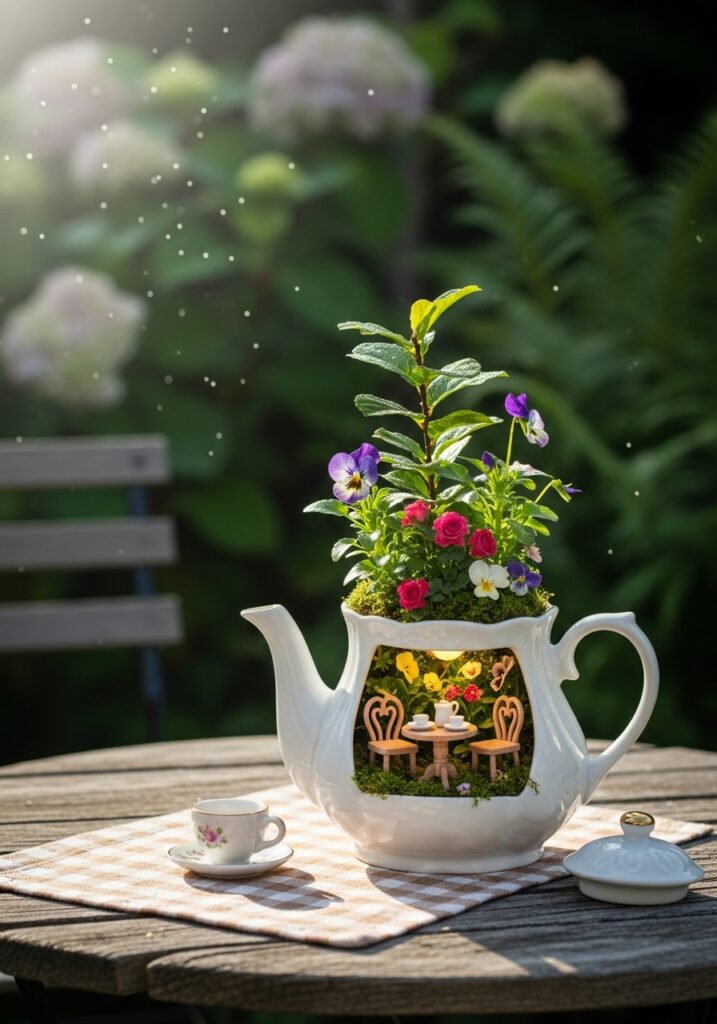 Vintage teapot fairy garden designed as miniature tearoom