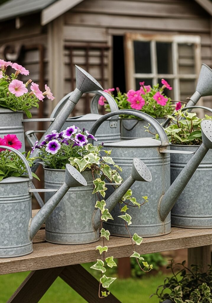 Collection of vintage galvanized watering cans with rust patina arranged on wooden shelf