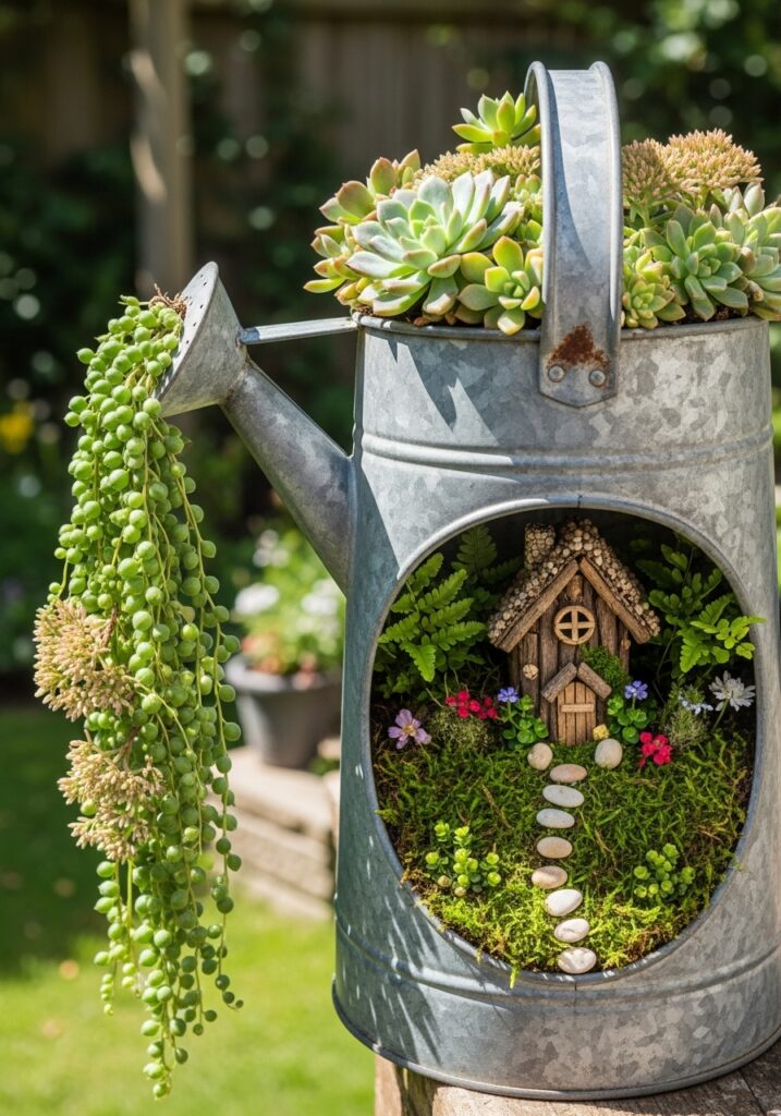 Tilted watering can with plants cascading from spout like water