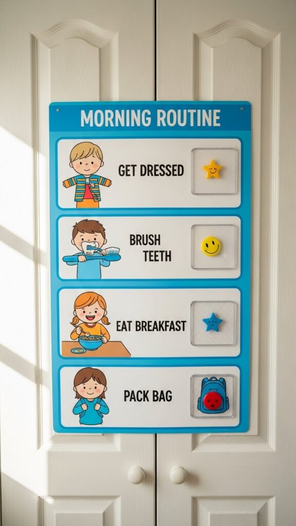  Visual morning routine chart in toddler closet with picture steps and completion markers