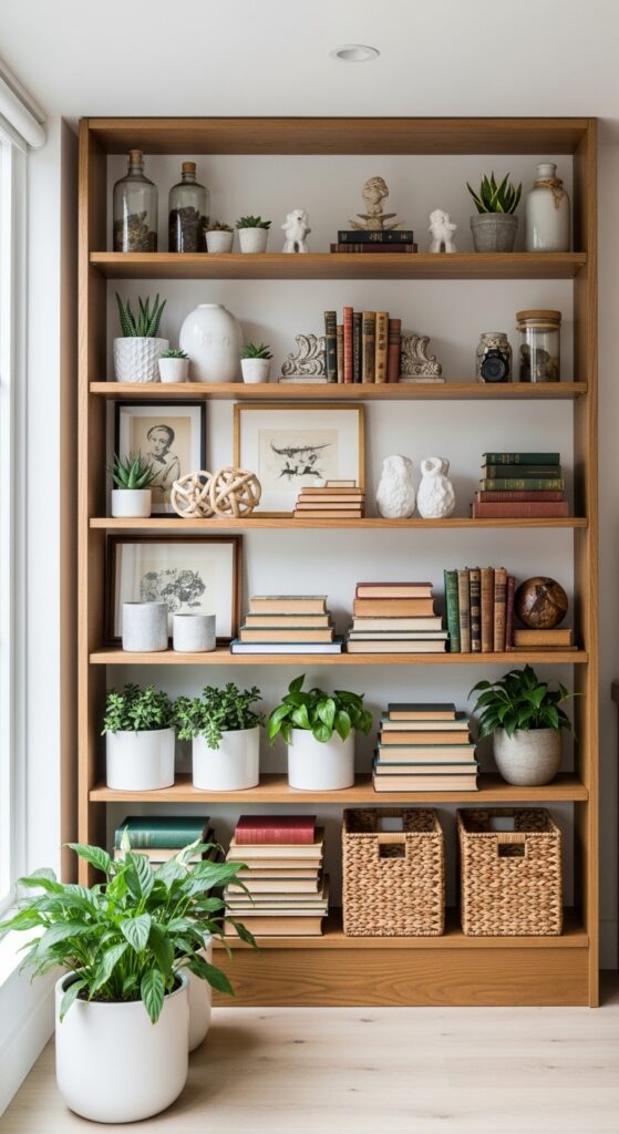 Shelves styled with heavier items at bottom creating stable balanced look