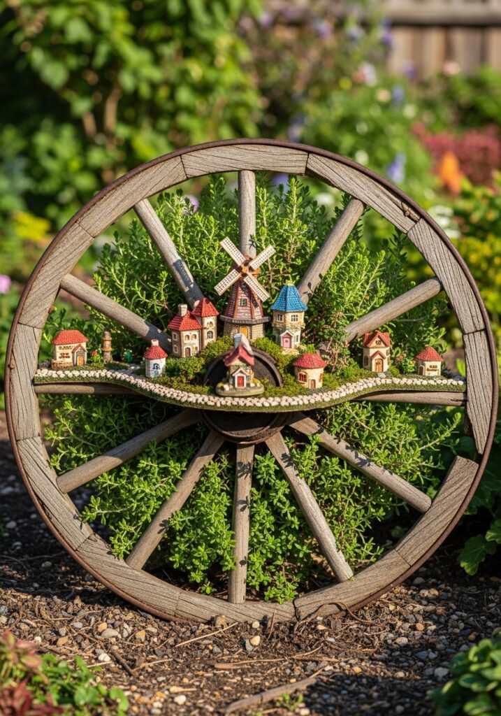 Wagon wheel fairy garden with miniature town in center hub