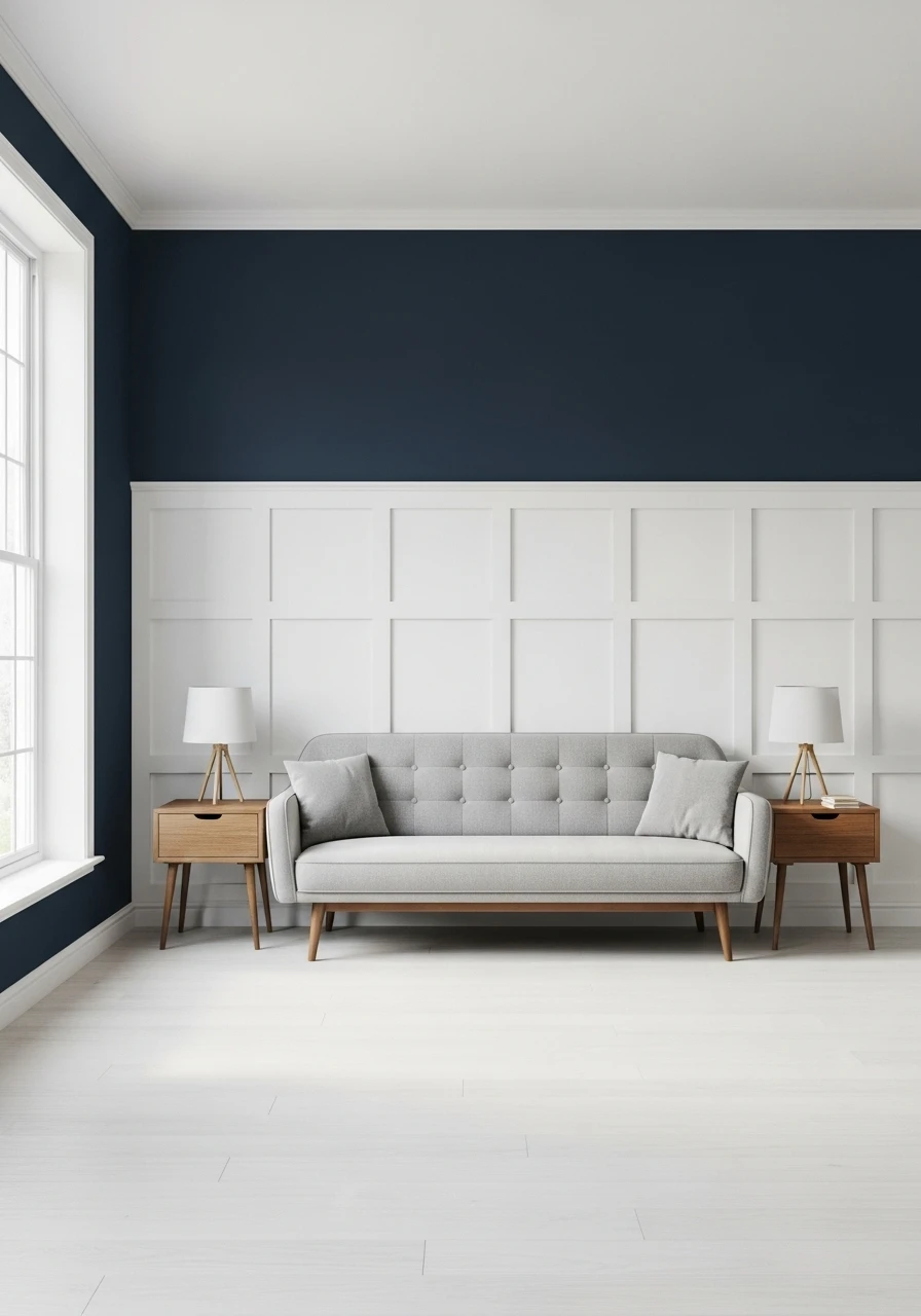 Wainscoting or board-and-batten paneling adding dimension to living room walls