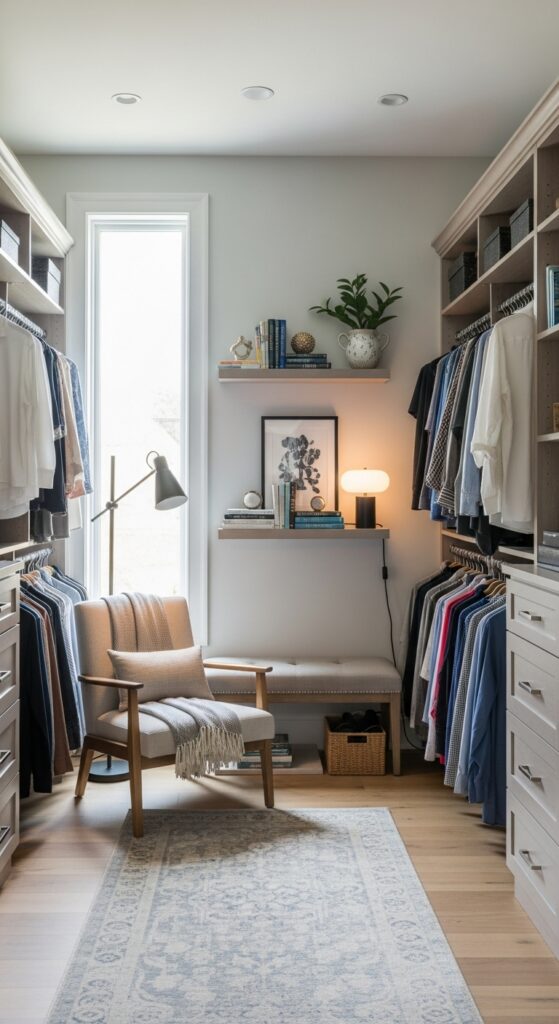 Reading nook built into walk-in closet end wall with bench seating and floating bookshelf