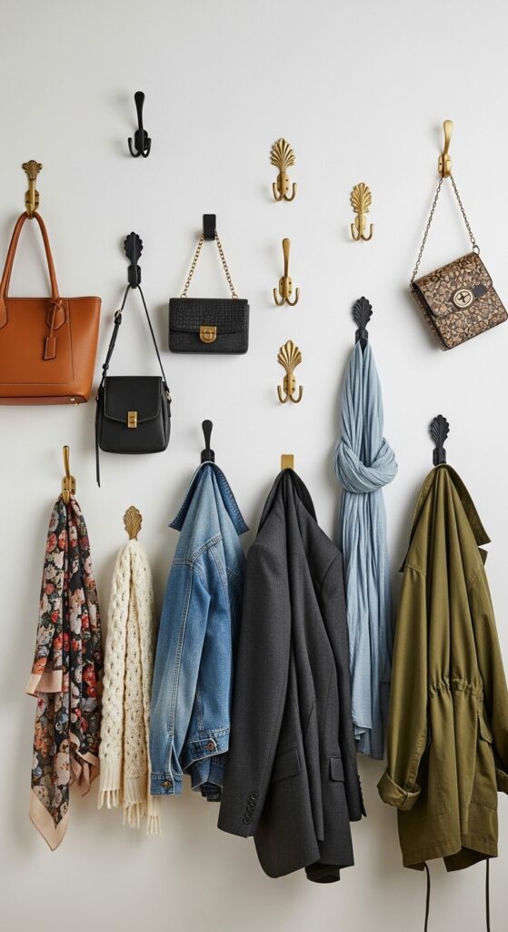 Decorative wall hooks in closet holding frequently used bags and accessories