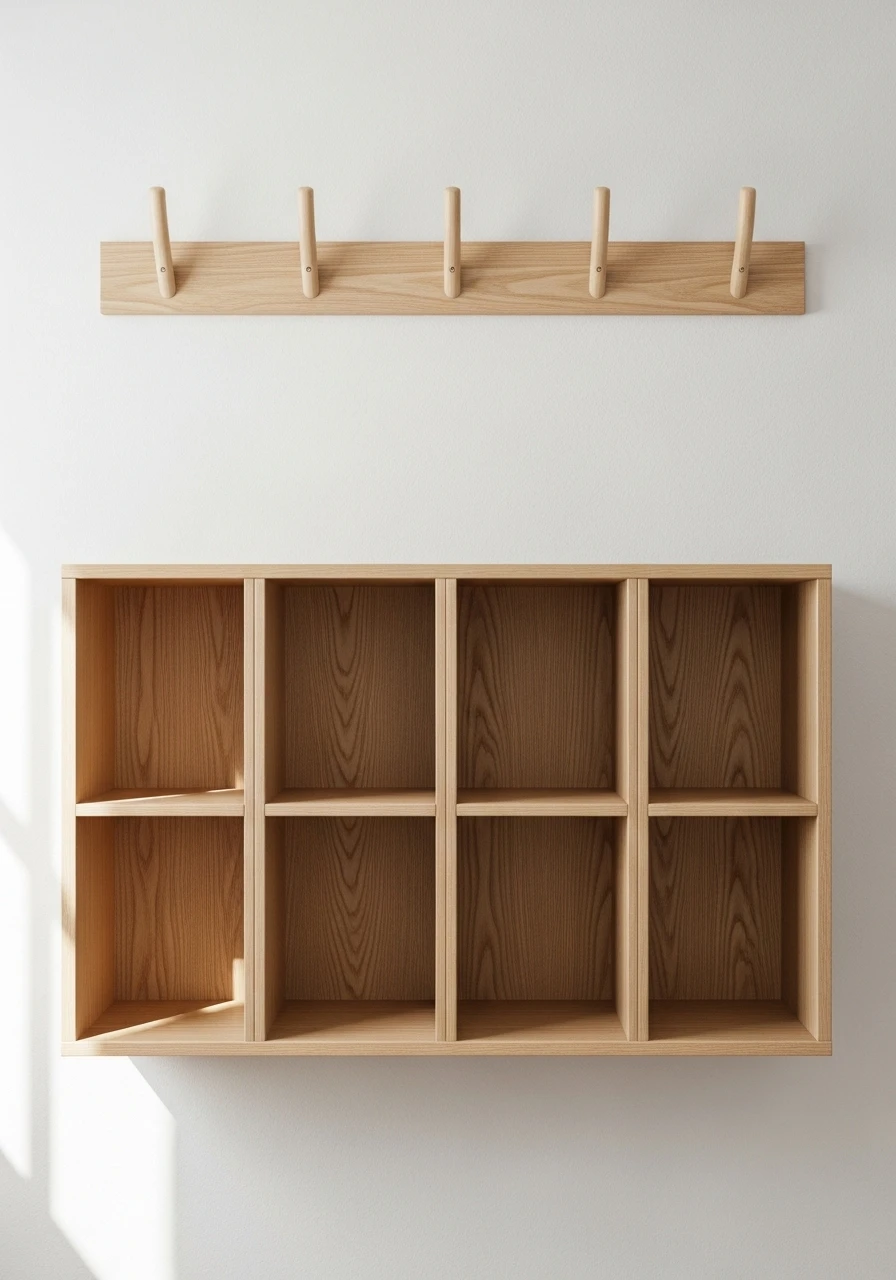 Wall hooks above open cubbies for shoes in organized entryway