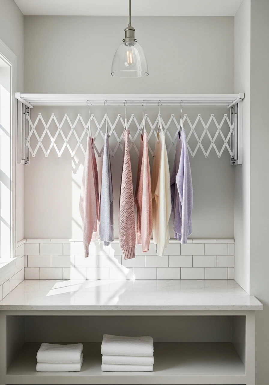 Wall mounted drying rack above laundry room counter