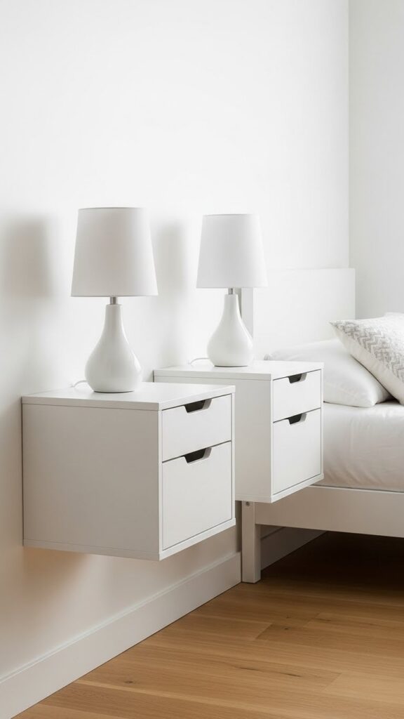 Wall-mounted white floating nightstands with open space underneath maximizing floor space in small bedroom