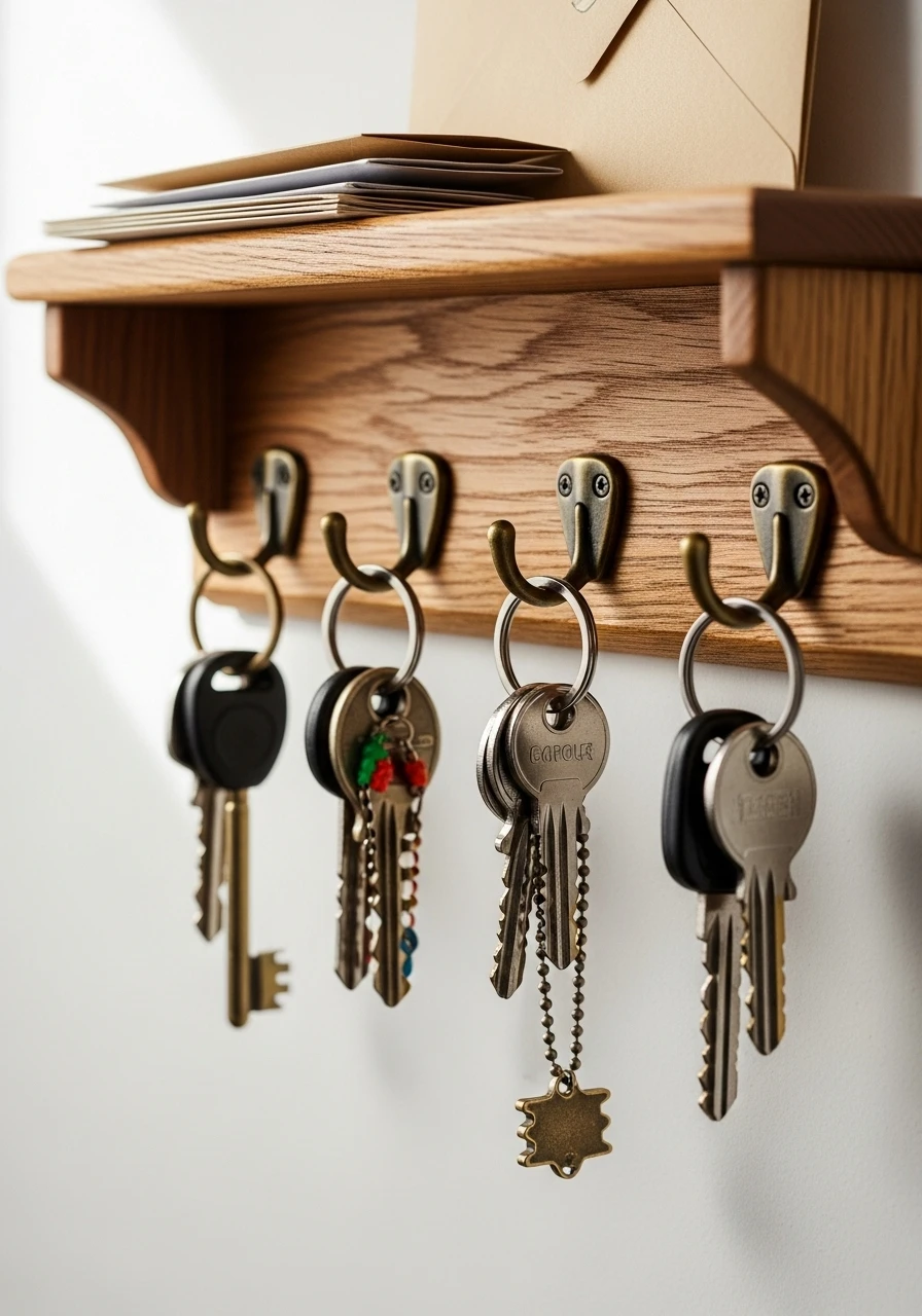 Wall-mounted key holder with hooks and small shelf