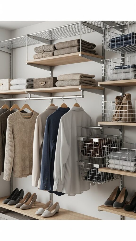 Wall-mounted track system with adjustable components creating flexible kids closet