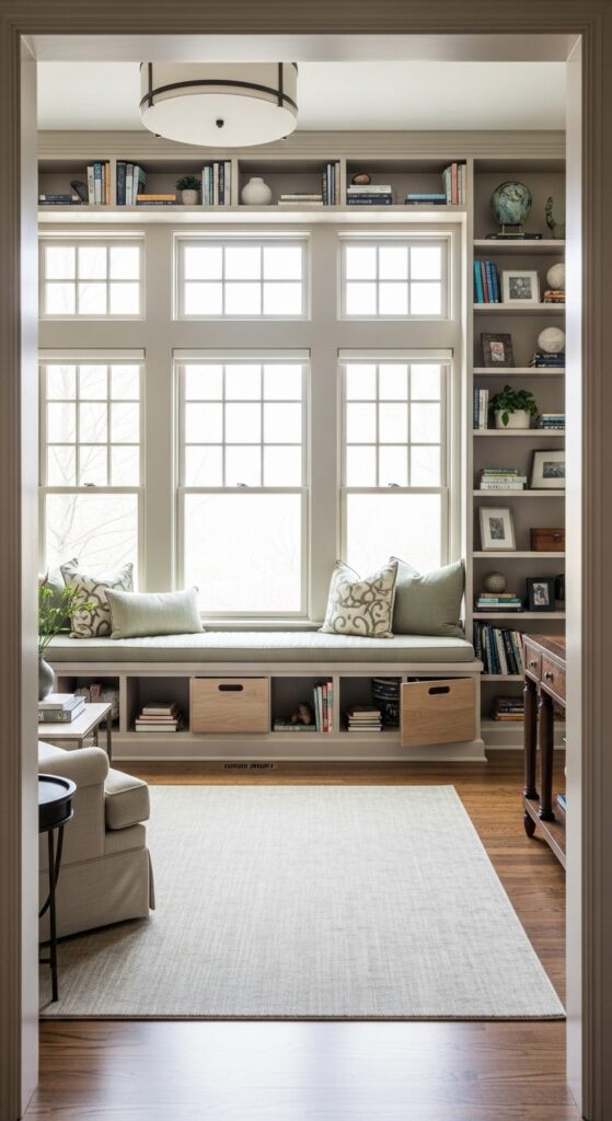 Wall-to-wall window seat reading nook with floor to ceiling bookshelves and built-in storage