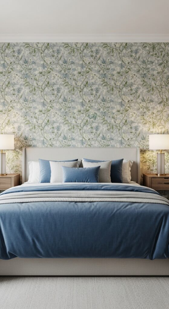 Bedroom with botanical wallpaper accent wall creating character and style