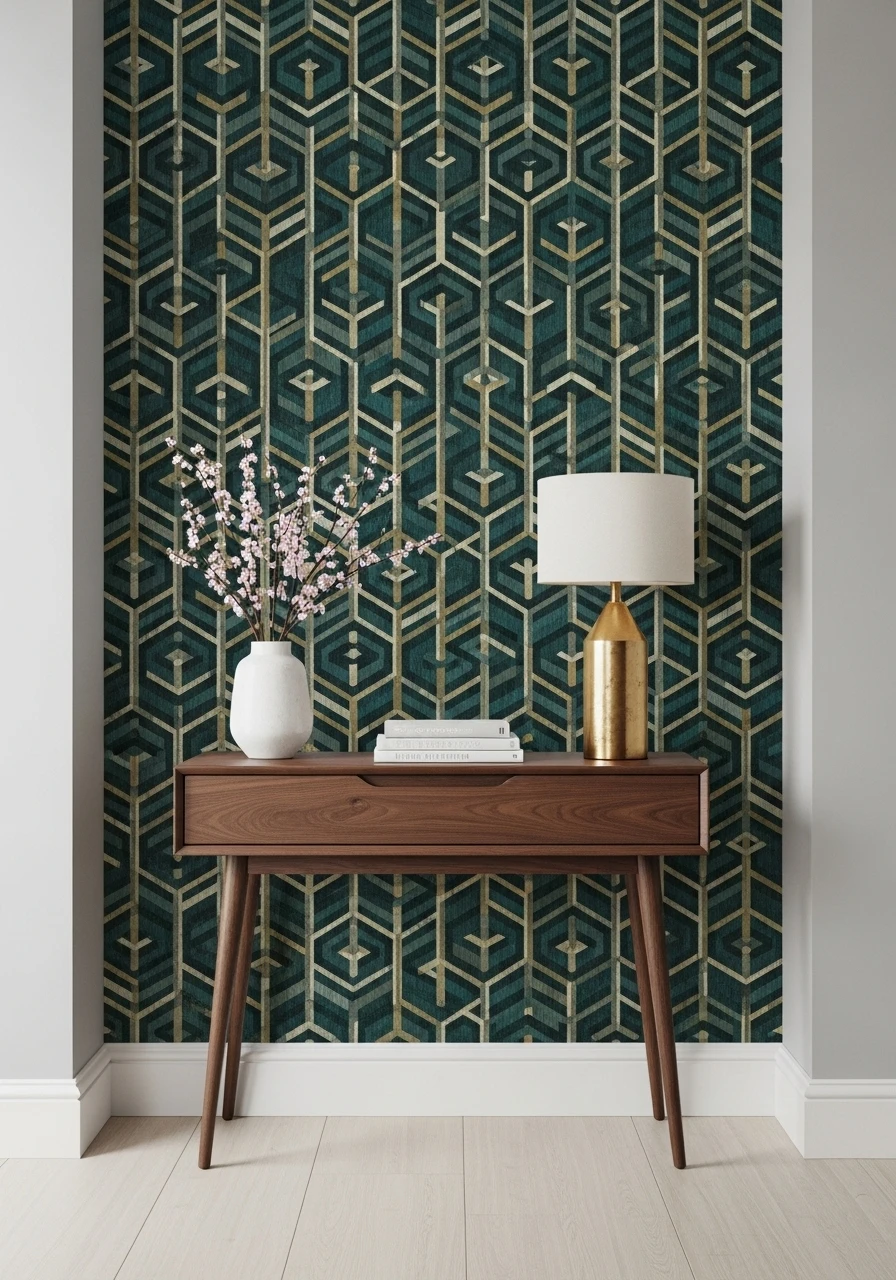 Text: Bold patterned wallpaper accent wall behind entryway console