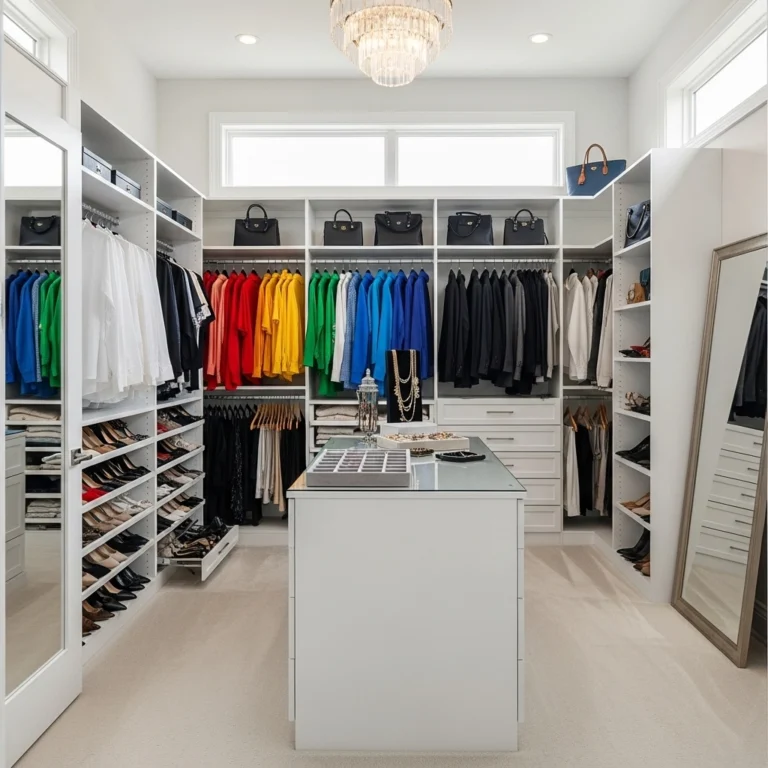 Luxury organized walk-in closet with white built-in shelving, color-coordinated clothes, and designer shoe display