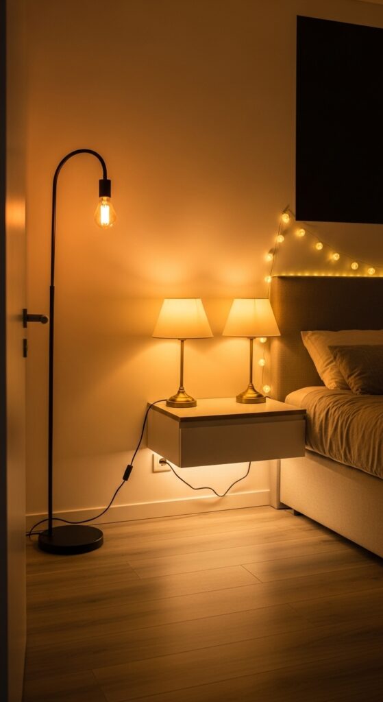 Modern bedroom with layered warm lighting including table lamps, floor lamp, and LED accent lights